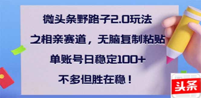 （14334期）微头条野路子2.0玩法之相亲赛道，无脑搬砖复制粘贴，单账号日稳定300+…-小白项目网