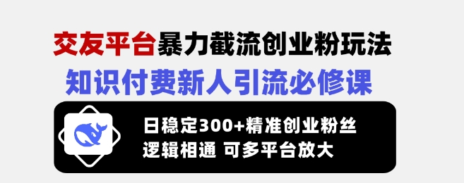 交友平台暴力截流创业粉玩法，知识付费新人引流必修课，日稳定300+精准创业粉丝，逻辑相通可多平台放大-小白项目网