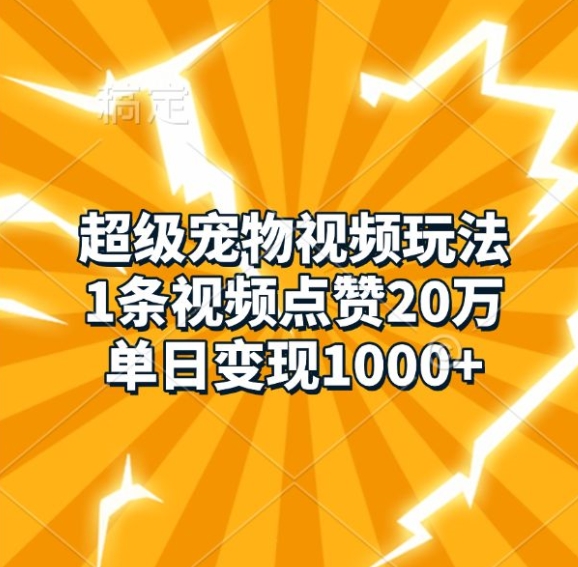 超级宠物视频玩法，1条视频点赞20万，单日变现1k-小白项目网