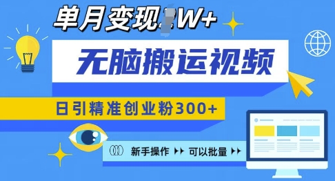 无脑搬运视频号可批量复制，新手即可操作，日引精准创业粉300+，月变现过W 【揭秘】-小白项目网