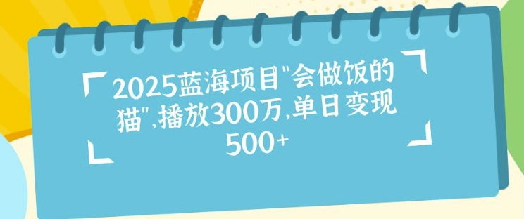 2025蓝海项目“会做饭的猫”，播放300万，单日变现多张-小白项目网